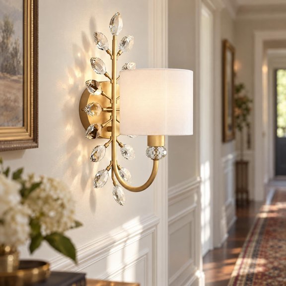 Gold Crystal Leaf Wall Sconce with Fabric Shade, Decorative Wall Light
