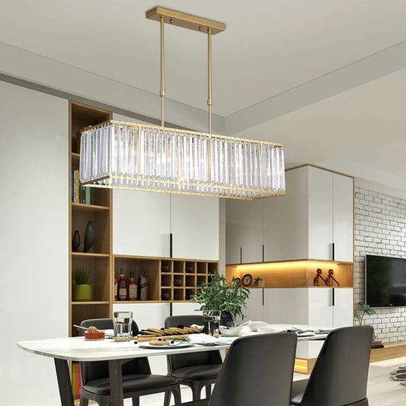Gold Crystal Pendant Light, 33.5" 4-Light Linear Chandelier with K5 Crystal Shade, Adjustable Hanging Rod E12 Dining Room Light Fixture for Kitchen Island, Hallway, Bedroom, Foyer, Restaurant