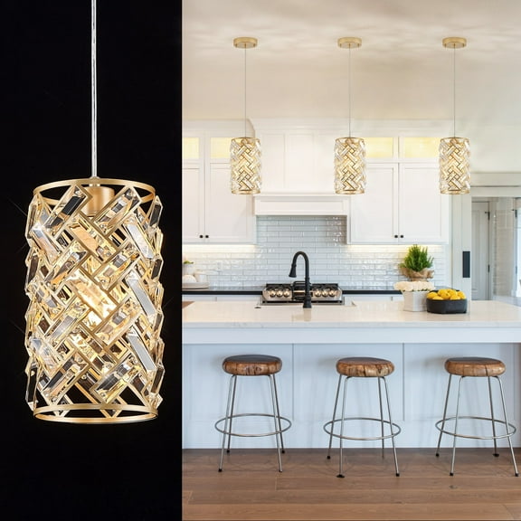 Gold Crystal Pendant Light, Mini Ceiling Hanging Light Fixture with K9 Prisms for Kitchen Island, Bathroom, Bedroom