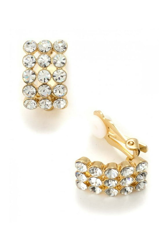 Gold Crystal Rhinestone 3 Strands Rectangular Clip Earrings