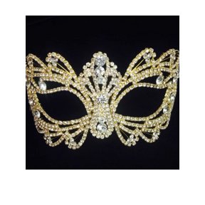 Gold Crystal Rhinestone Fringe Face Mask Masquerade Festival Rave Bridal Halloween