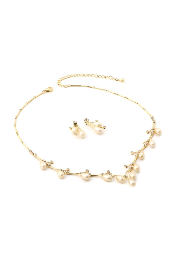 Gold Crystal Rhinestone and Oval Cream Pearls Necklace with Matching Earrings Jewelry Set