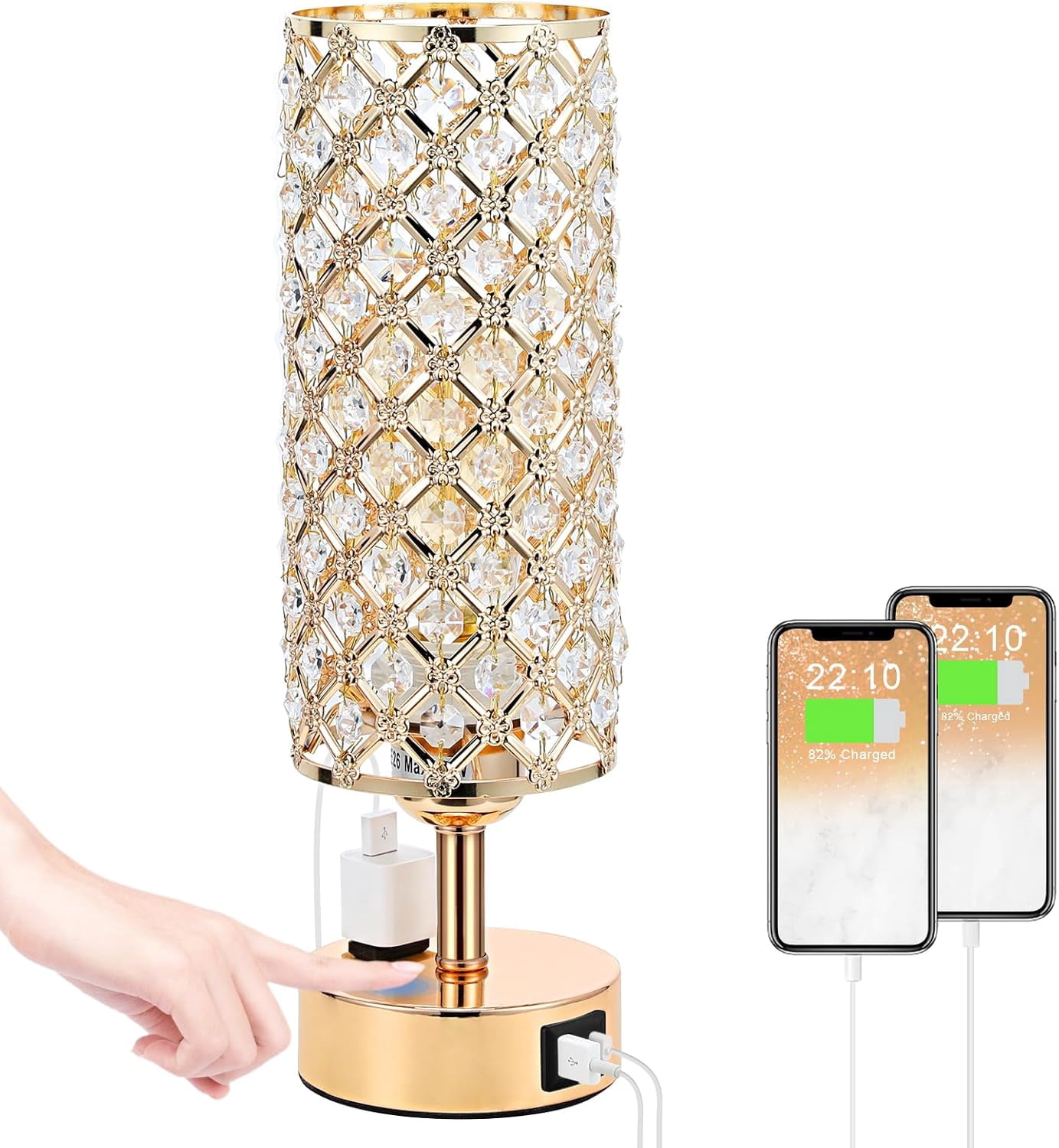 GyroVu Crystal Table Lamp – Touch Control, 3-Way Dimmable, Dual USB Ports, K9 Crystal Shade For Bedroom & Living Room