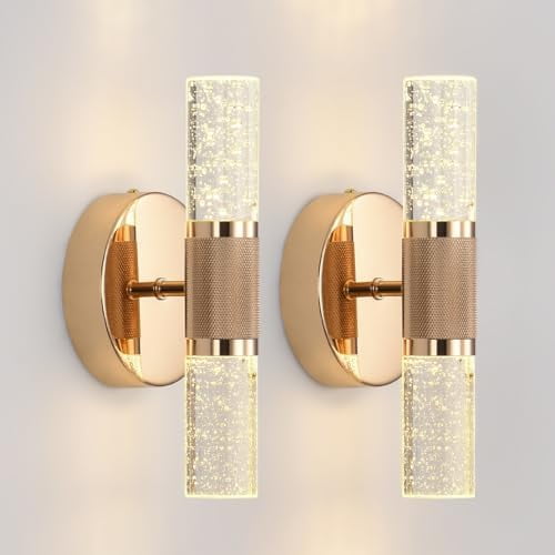 Gold Crystal Wall Sconces Set of 2, 10W LED Bubble Glass Bathroom Vanity Lights with Adjustable Color Temperature, 9.8" Indoor Wall Lighting for Bathroom, Hallway & Bedroom$$Tools & Hardware Other
