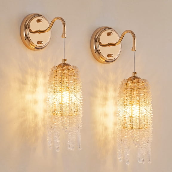 Gold Crystal Wall Sconces Set of 2 with Cascading Bead Strings, E12 Hardwired Wall Lights for Living Room, Bedroom, Hallway (Bulbs Not Included)