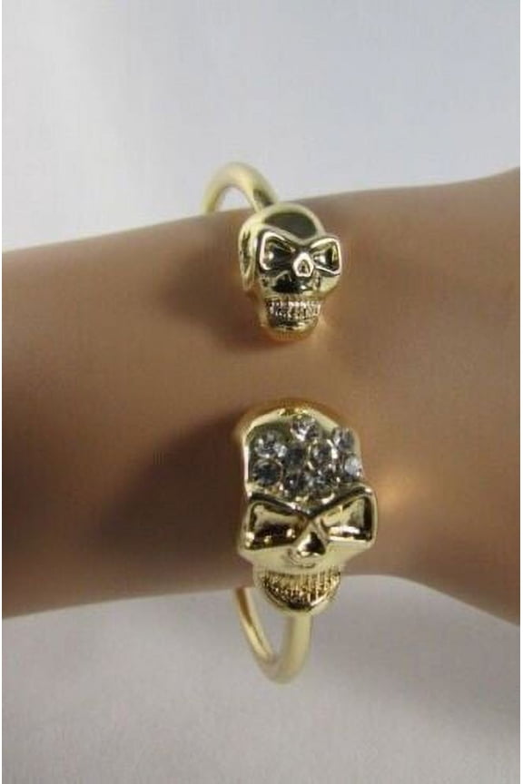 Gold Cuff Bracelet 2 Skulls Head Rhinestone Halloween Women Jewelry