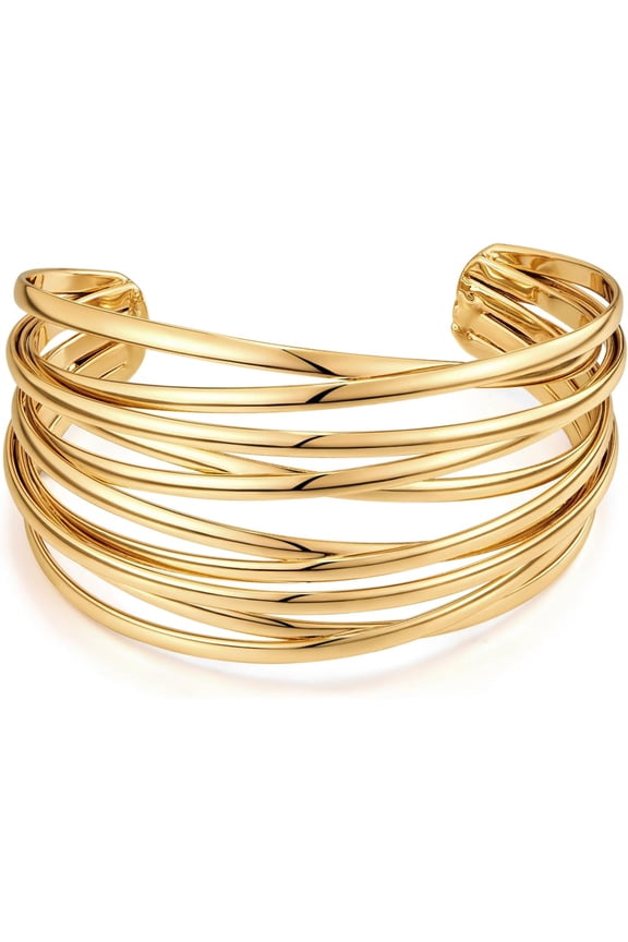 Gold Cuff Bracelet for Women Chunky Multi-layer Cross Wire Open Bracelet Hollow Wide Cuff Bracelets Adjustable Gold Open Cuff Bangle Bracelet