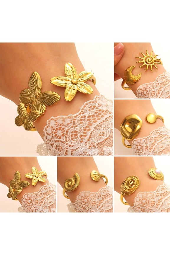 Gold Cuff Bracelets for Women Vintage Flower Butterfly Sun Seashell Boho Bangles Wide Open Cuff Bracelet Jewelry for Her