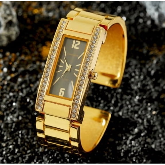 Gold Cuff Watch: Rectangular Dial Adorned with Sparkling Crystals Crystal-Trimmed Rectangular Face & Cuff Design