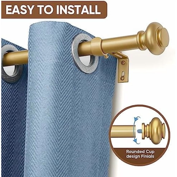 Gold Curtain Rods for Windows 66 to 120 Inches Adjustable Decorative 1 Inch Diameter Single Window Curtain Rod Set with Classic Finials, Gold Finishing