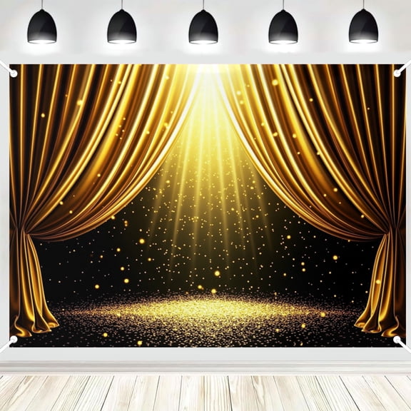 Gold Curtain Spotlight Stage Photography Backdrop, Glitter Bokeh Light Photo Background for Award Ceremony Event Portrait Shooting 5x7ft