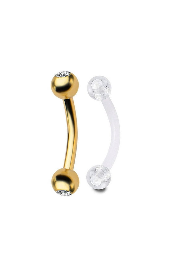 Gold Curved Barbell 2 Eyebrow Ring 16g 5/16" with Clear Retainer