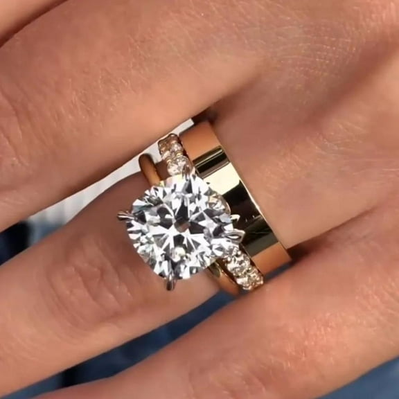 Gold Cushion Cut Engagement Ring Set – 925 Silver & Eternity Band Anniversary Gift 14K Solid Gold Matching Band Set Bridal Set