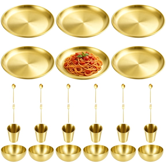 30-Piece Gold Stainless Steel Dinnerware Set, Includes 6 Pcs Plates, 6 Pcs Beer Mugs, 6 Pcs Salad Bowls, 6 Gold Forks & 6 Spoons, Reusable Tableware for Home, Picnic, Camping
