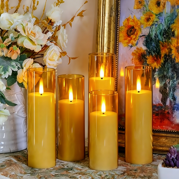 Goyuon Gold Cylinder Flameless LED Candles with Remote Control, Timer and Realistic Flickering Flame, 5 Pack
