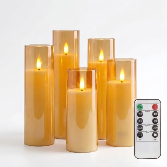 Goyuon Gold Cylinder Flameless LED Candles with Remote Control, Timer and Realistic Flickering Flame, 5 Pack
