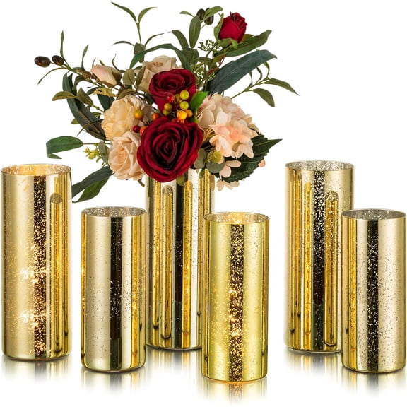 Gold Cylinder Vases for Centerpieces: 6 Modern Mercury Hurricane Glass Vase Set for Flowers - Decorative Golden Pillar Candle Holders for Wedding Party Dining Room Table Decor