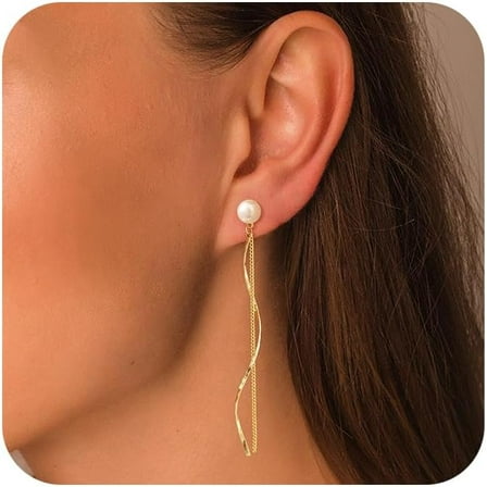 Gold Dangle Earrings Dainty 14K Gold Plated Long Dangle Chain Earrings for Women Trendy Hypoallergenic Pearl Tassel Dangling Earrings Jewelry Gifts
