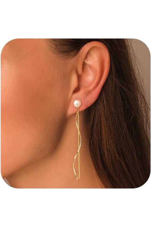 Gold Dangle Earrings Dainty 14K Gold Plated Long Dangle Chain Earrings for Women Trendy Hypoallergenic Pearl Tassel Dangling Earrings Jewelry Gifts