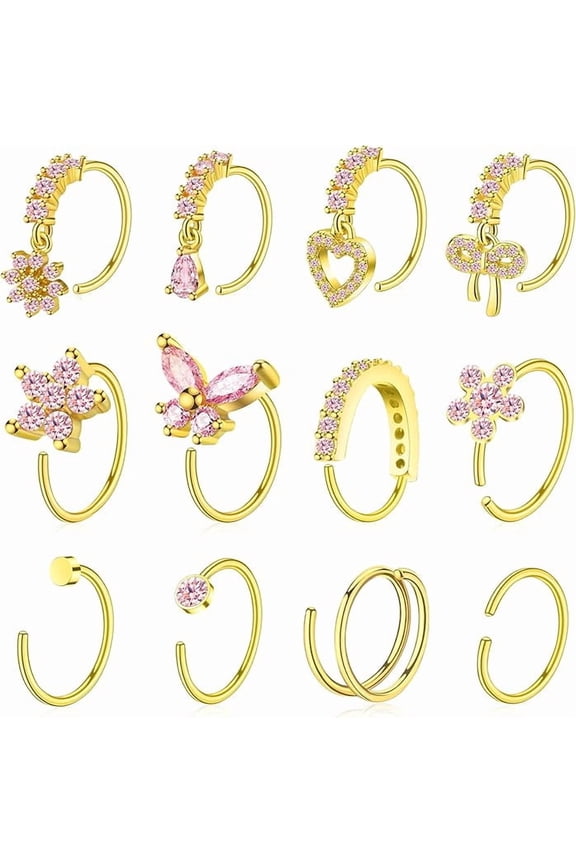 Gold Dangle Pink CZ Nose Hoops, Butterfly Flower Heart Nose Piercing Rings Pack