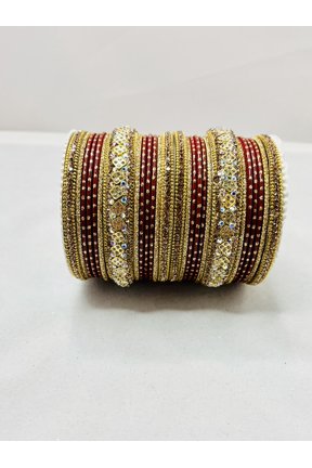Gold & Dark Red Color Rhinestone Bangles