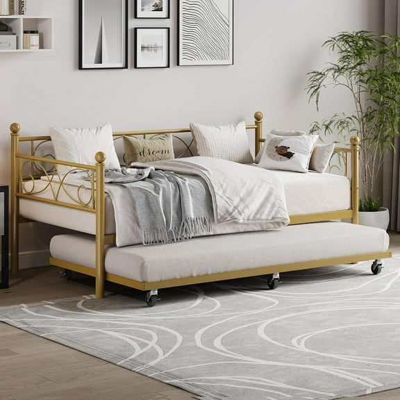 Gold Daybed with Trundle Bed, Twin Size Metal Day Bed with Floral Headboard, Modern Metal Sofe Bed Frame with Pull-Out Trundle, Heavy Duty Steel Slats Supports, for Living Room, Guest Room