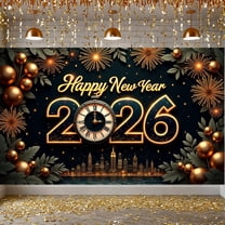 Gold Decor Happy New Year Banner Firework Design New Year Backdrop Clock City Skyline Year 2026 Background for New Year Party New Year Eve Celebration Indoor Decoration