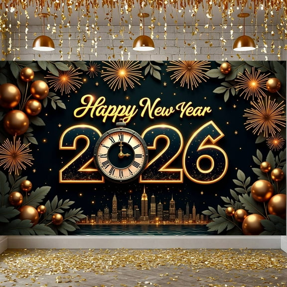 Gold Decor Happy New Year Banner Firework Design New Year Backdrop Clock City Skyline Year 2026 Background for New Year Party New Year Eve Celebration Indoor Decoration