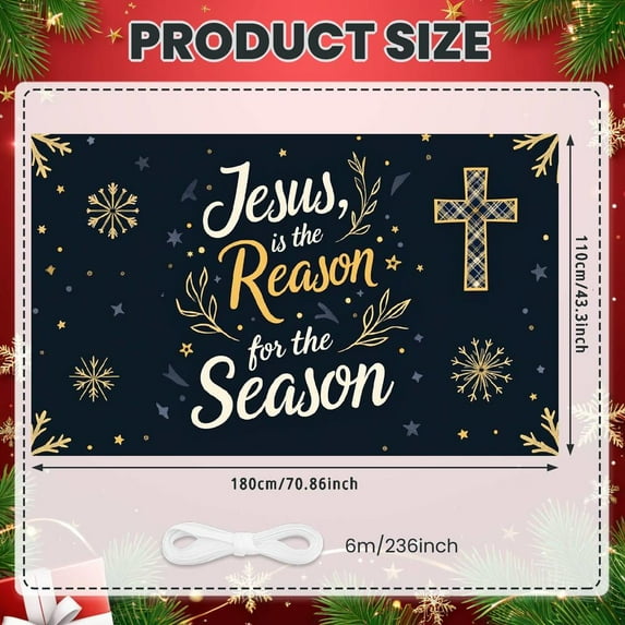 Gold Decor Jesus Banner Cross Pattern Religious Banner Snowflake Design Starry Pattern Christmas Banner for Christmas Celebration Church Event Religious Gathering