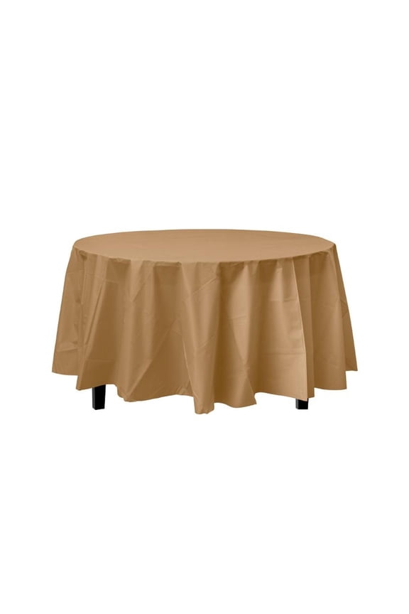 Gold Decorations | Round Gold Table Cloth | Round Plastic Table Cover - Gold - 84in. - 1 Piece (fdp91008)