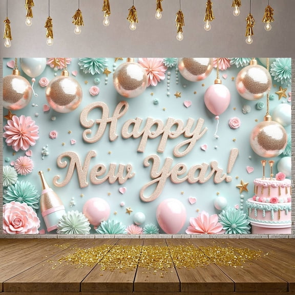 Gold Decorative Balls Happy New Year Banner Pink Balloons Festive Backdrop Paper Flowers Star Accents Holiday Background for New Year Party Indoor Decoration Festive Photo Shoot