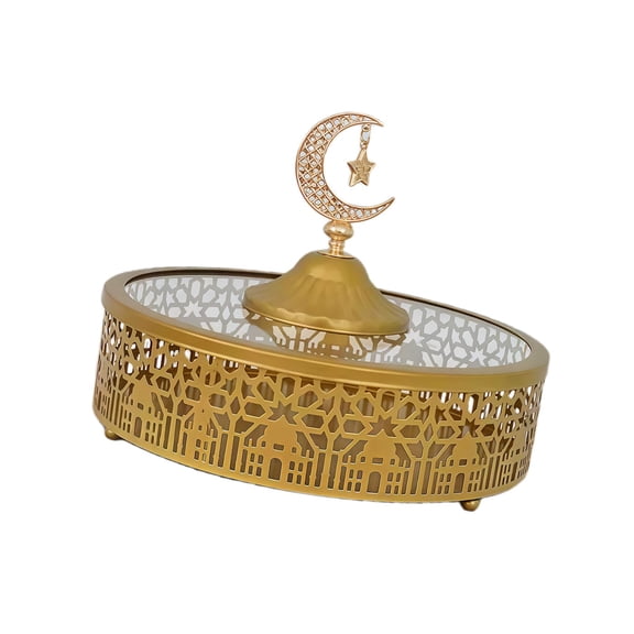 Gold Decorative Serving Tray with Moon Star Ornament, Hollow Metal Candy Nut Dish Centerpiece for Table Home Party Decor 7.9 Inch