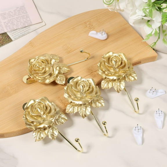 Gold Decorative Wall Hooks for Hanging, Cute Resin Flower Bow Coat Hooks, Vintage Bathroom Rose Towel Hook, Key, Bag, Scarf, Robe, Hat etc for Room Decor (4 Pack Brass Color)