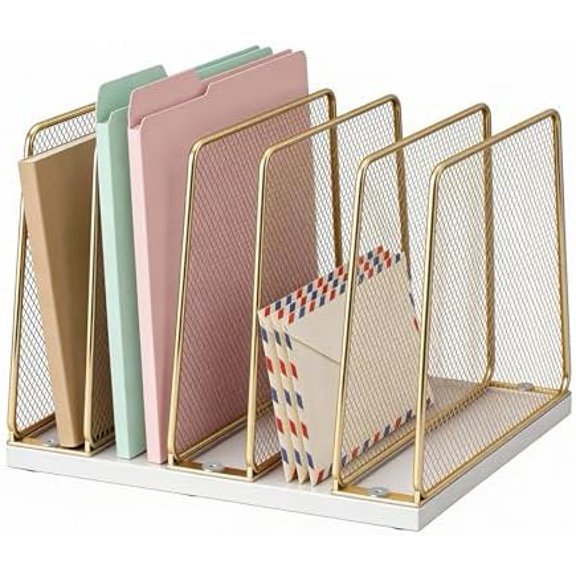 Gold Desk File Organizer, 5-Section Upright File Sorter, Vertical File Folder Holder, Mesh Metal Wood Office Desktop Organization for Document, Magazine, Books and more (White and Gold)