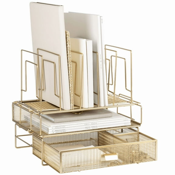 Gold Desk Organizer - Gold Desk Accessories for Women Office Set Includes Detachable File Organizer, Stackable Paper Tray, Stackable Drawer - Gold Office Supplies for Desk Gold File Organizer for Des