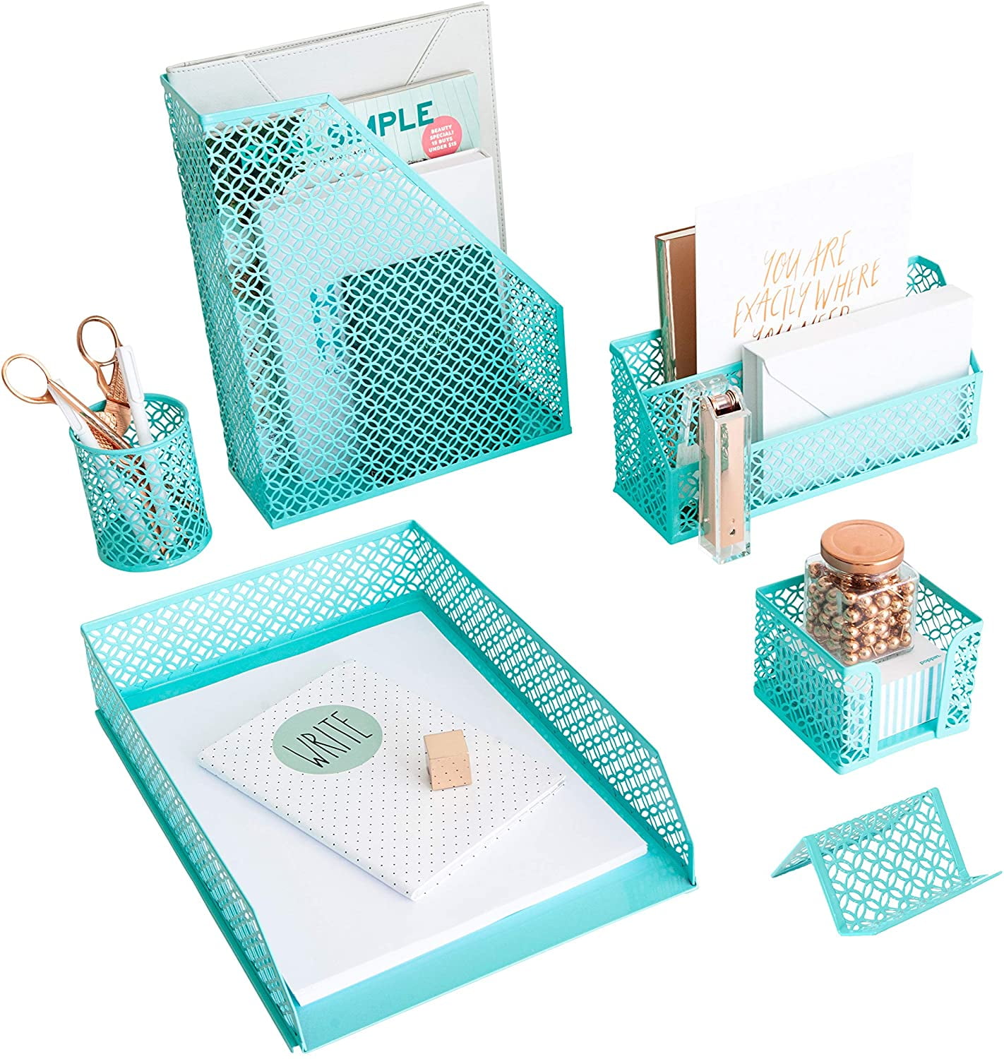 Gold Desk Organizer Set with Mail Sorter, Sticky Note Holder, Pen Cup, Magazine Holder, Letter Tray & Business Card Holder |   Stylish Desk Accessories for Home Office Décor