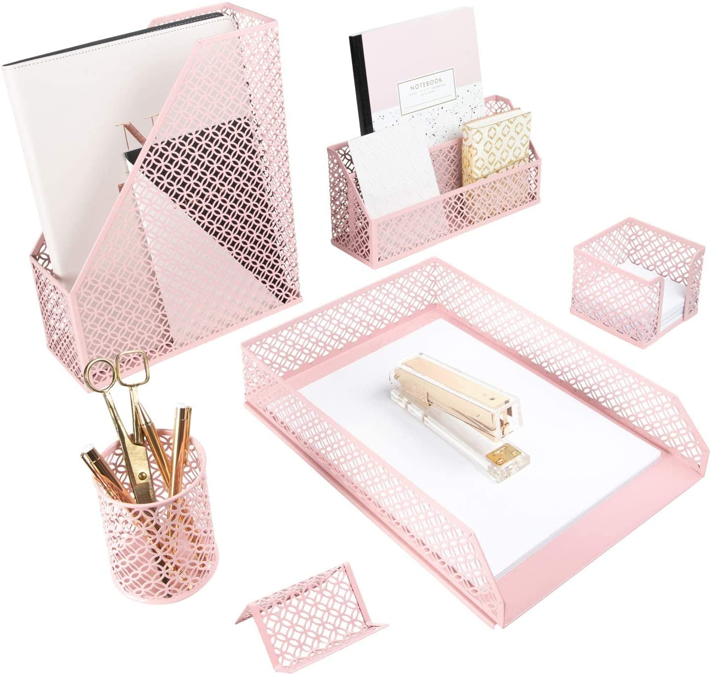 Gold Desk Organizer Set with Mail Sorter, Sticky Note Holder, Pen Cup, Magazine Holder, Letter Tray & Business Card Holder |   Stylish Desk Accessories for Home Office Décor
