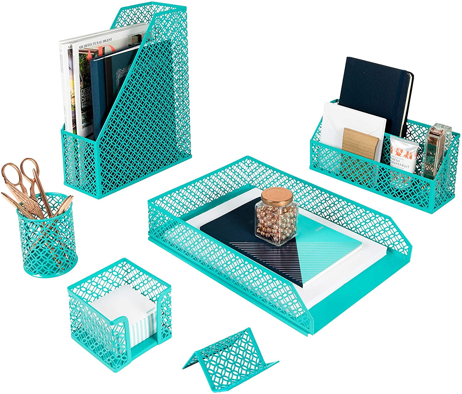 Gold Desk Organizer Set with Mail Sorter, Sticky Note Holder, Pen Cup, Magazine Holder, Letter Tray & Business Card Holder |   Stylish Desk Accessories for Home Office Décor