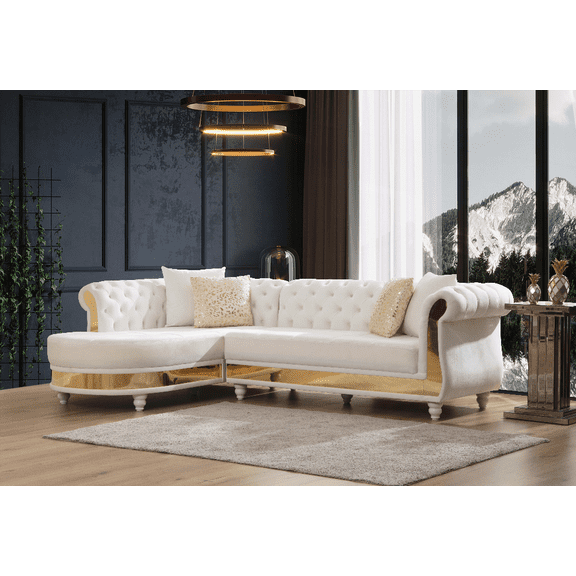 Gold Detailed Tufted Upholstery L-Shaped Sectional with Wood in Off White | Perfect for Small Spaces & Family Gatherings