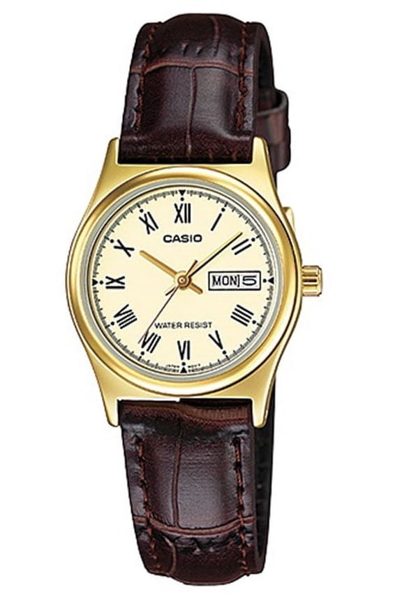 Gold Dial Brown Leather Ladies Watch LTP-V006GL-9B