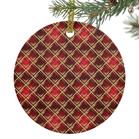 Gold DiamondGrid Red Ceramic Ornament 3 Inch Festive Glitter Rhombus Round Porcelain Christmas Ornaments with Gold String for Holiday Party Xmas Tree Decor Gift for Friends Family