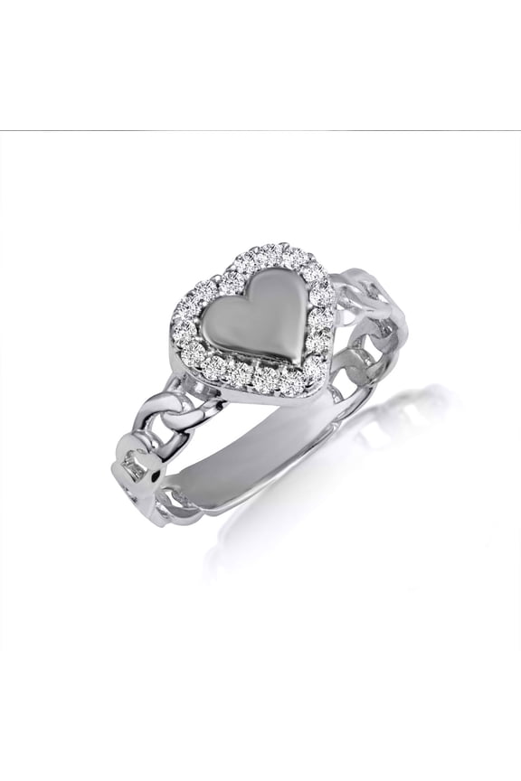 Gold Diamond Heart Halo Cuban Chain Link Ring (10K White Gold,Size 9)