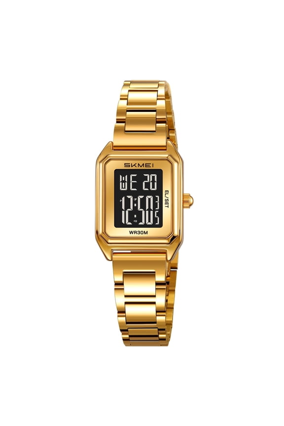 Gold Digital Watch for Women Square Stainless Steel Waterproof LED Watch with Date, Alarm, Stopwatch, Countdown