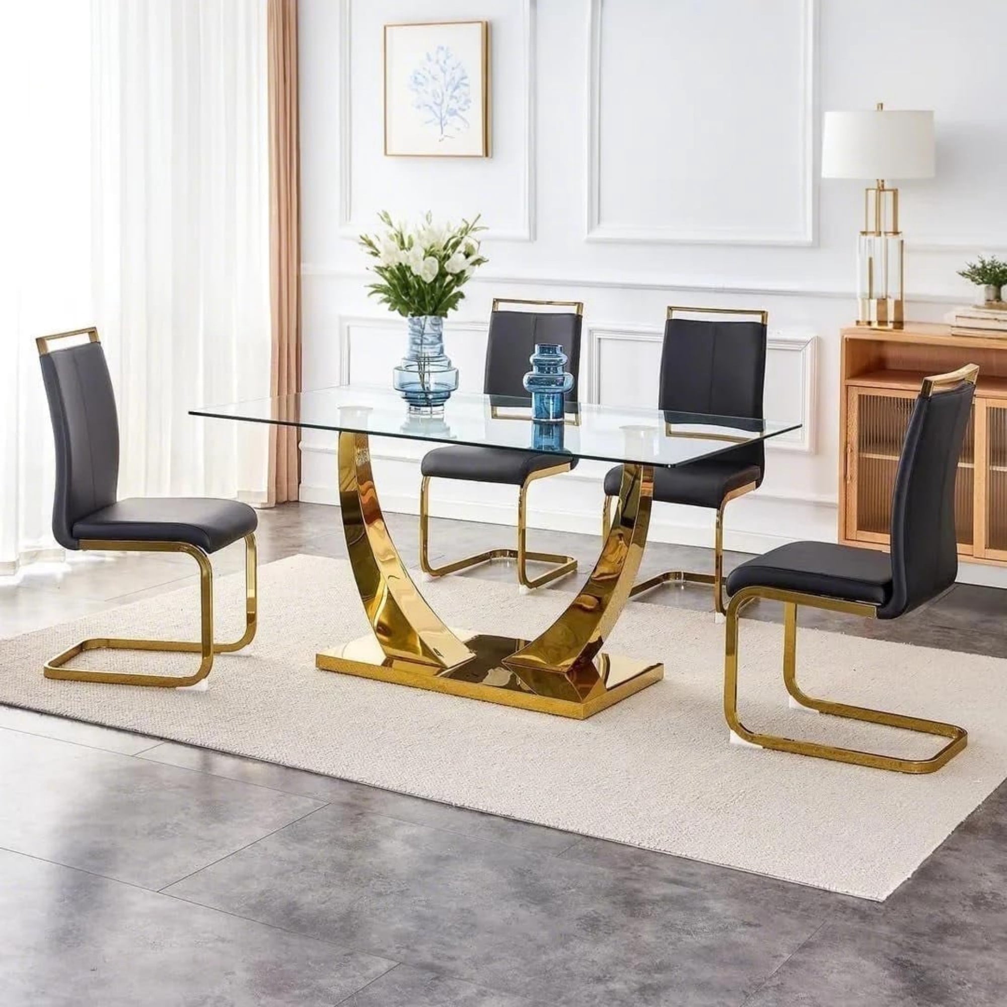 SUDICA 5 Piece 63 Inch Glass Dining Table Set, Rectangular Tempered ...