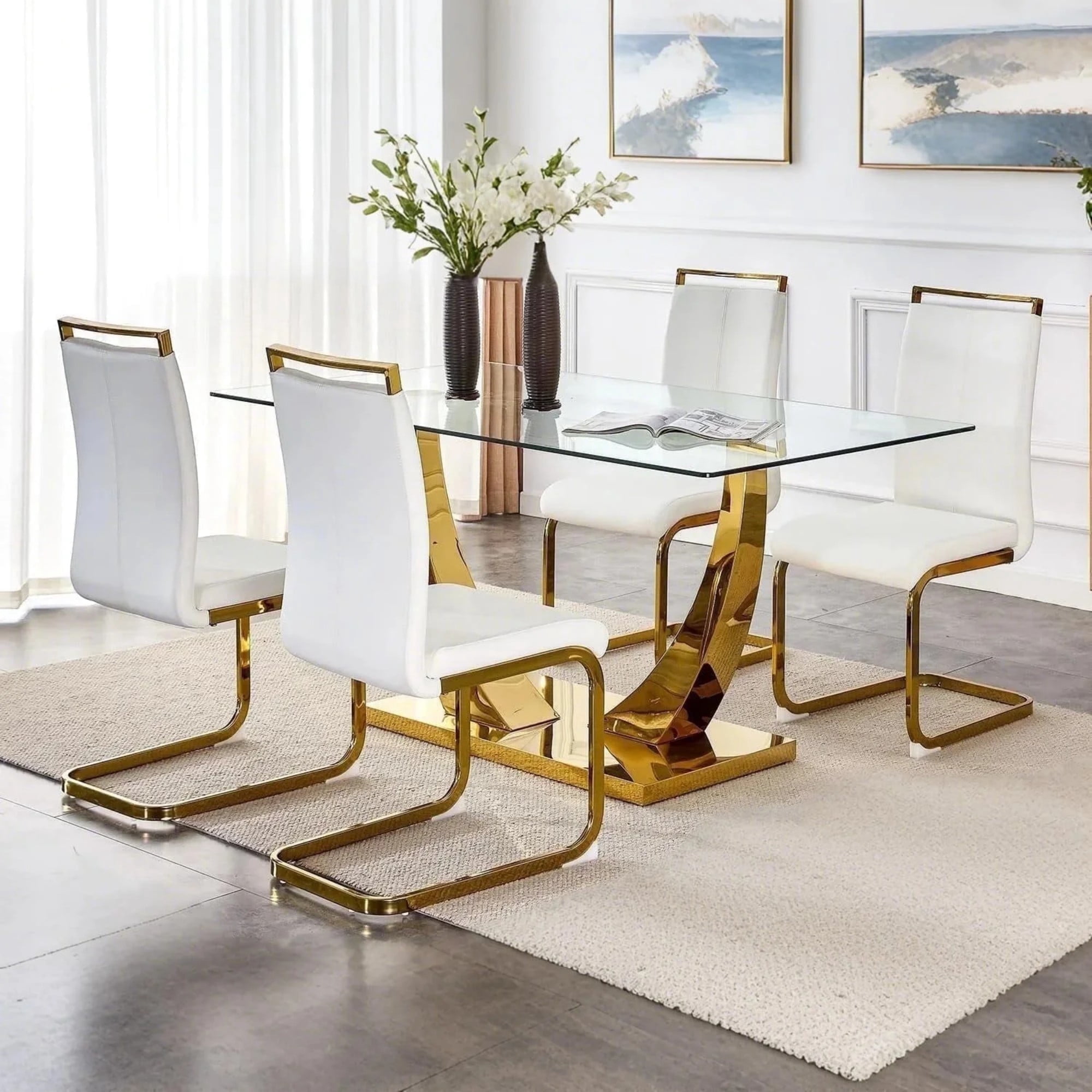 SUDICA 63 Inch Glass Dining Table Set with White PU Chairs, Gold Metal ...