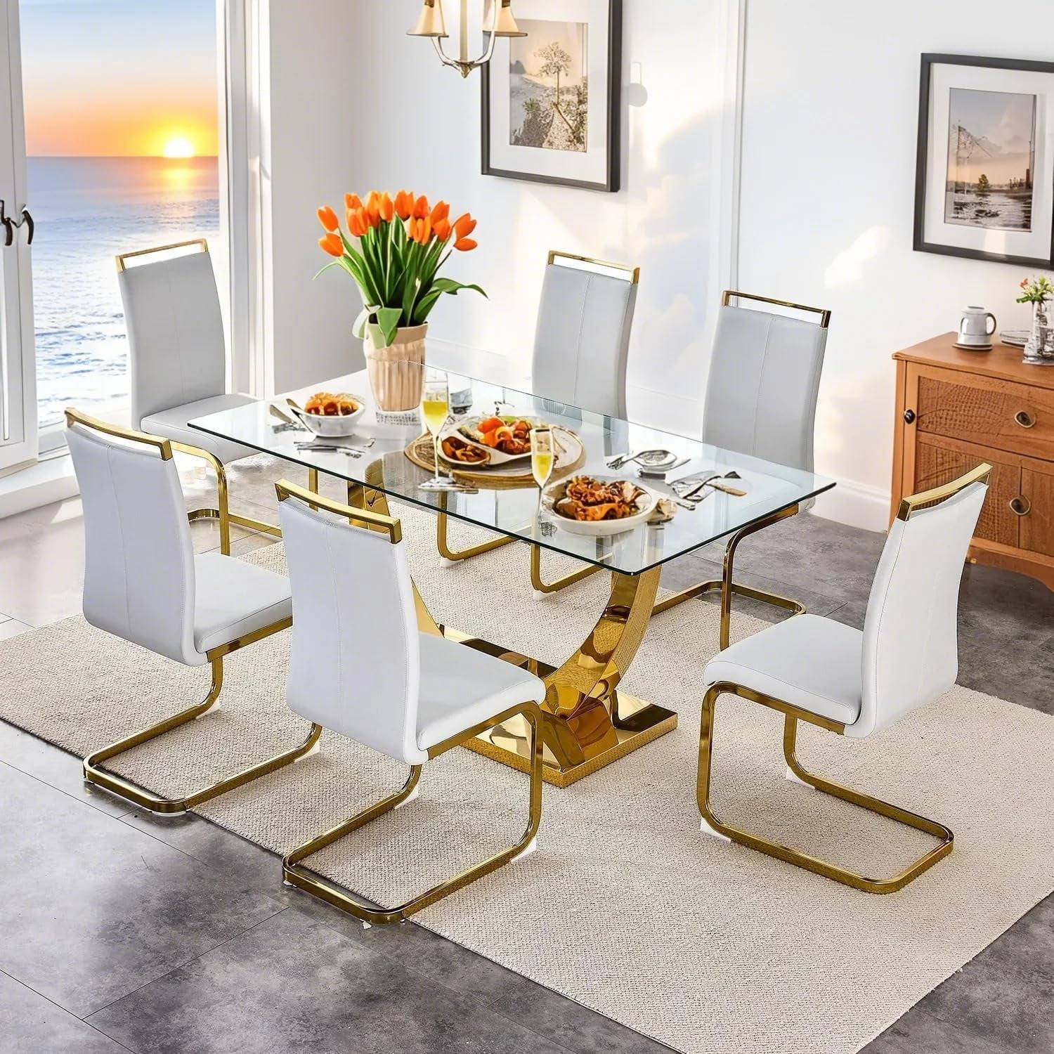 Glass Dining Table Set for 6, 63'' Modern Rectangular Tempered Glass ...