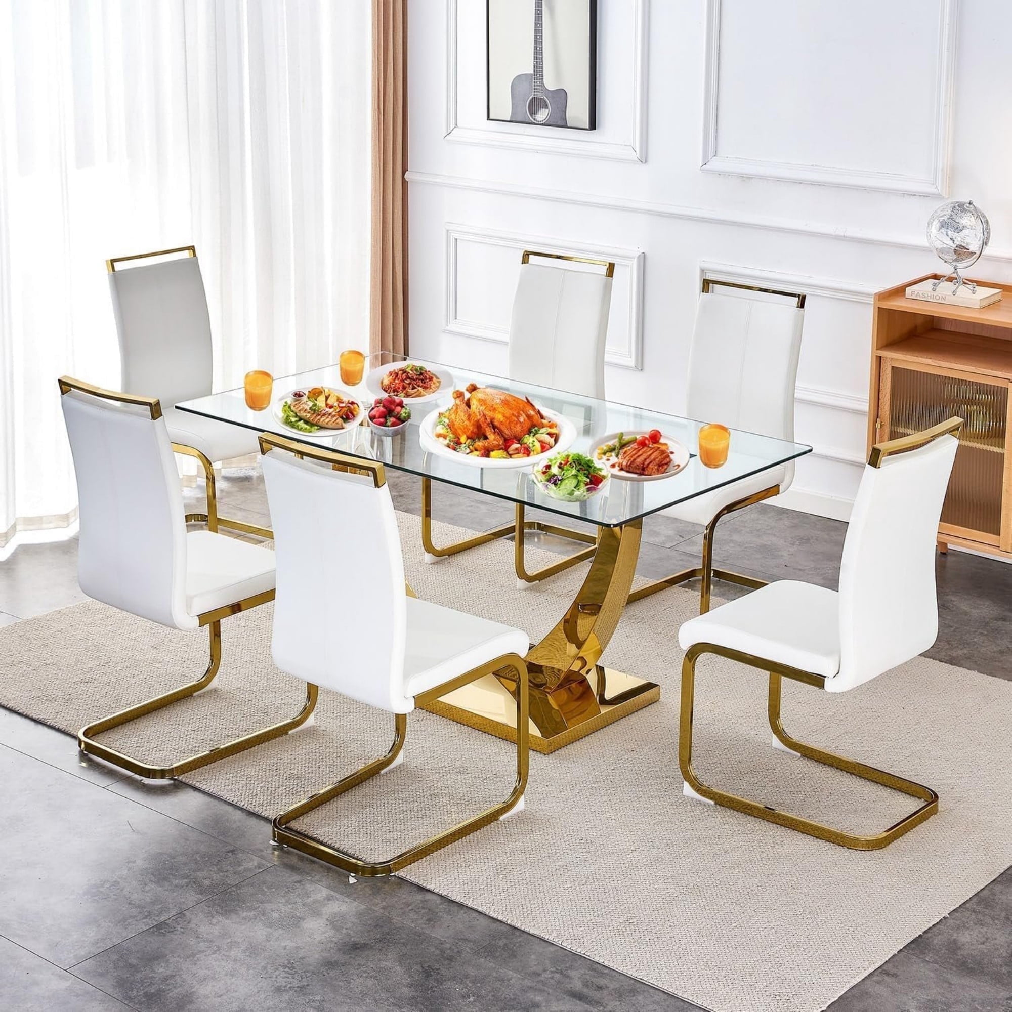 SUDICA 63" Rectangular Glass Dining Table Set, Gold Metal Base with 6 ...