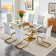 thumbnail image 1 of SUDICA 63" Rectangular Glass Dining Table Set, Gold Metal Base with 6 Light Gray PU Leather Chairs, 7-Piece for Dining Room Kitchen, 1 of 9