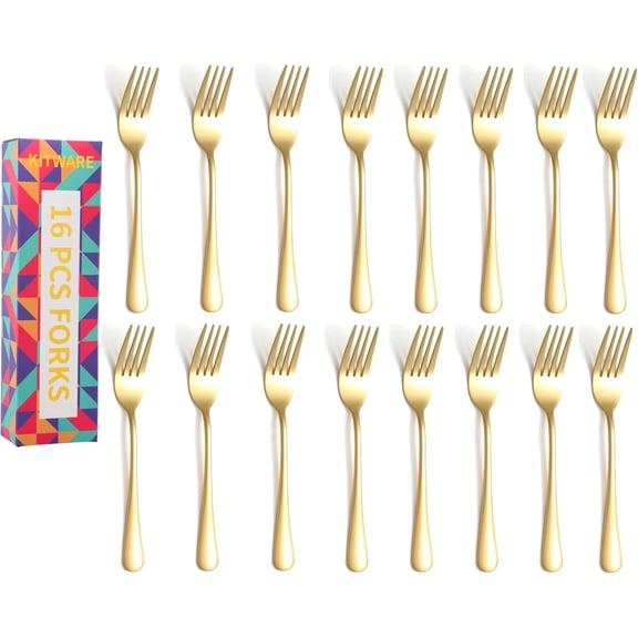 Gold Dinner Forks, 16 Piece Stainless Steel Silverware Forks, Mirror Polished Tableware Fork Set, Home Kitchen Metal Fork, Restaurant Quality Cutlery Meal Fork for Daily Use