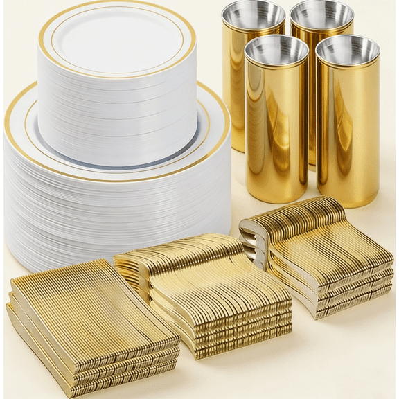 Gold Dinnerware Set for 100 Guests, Plastic Plates for Party, Disposable Plates, Dessert Plates, Cups, Spoons, Forks and Knives
